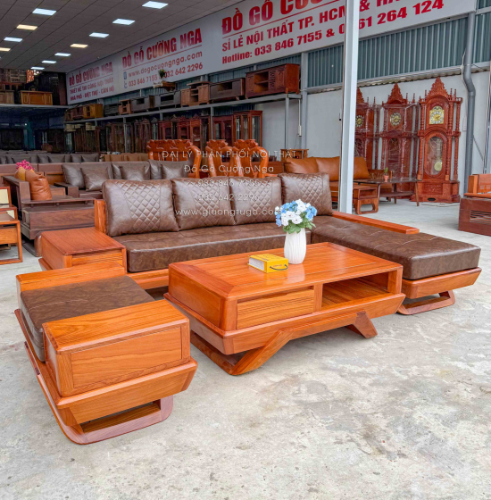 Sofa Gỗ Gõ Đỏ Góc L 2m8x2m1 Chân Thuyền Nệm Cao Su Cao Cấp