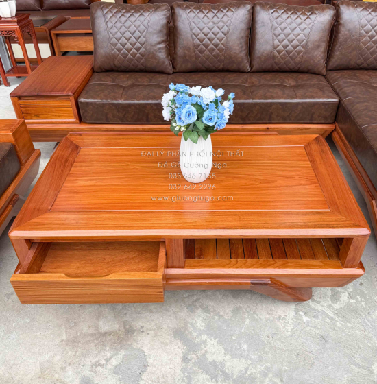 Sofa Gỗ Gõ Đỏ Góc L 2m8x2m1 Chân Thuyền Nệm Cao Su Cao Cấp