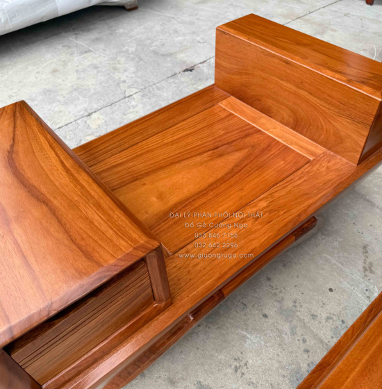 Sofa Gỗ Gõ Đỏ Góc L 2m8x2m1 Chân Thuyền Nệm Cao Su Cao Cấp