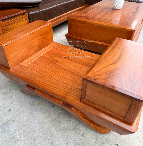 Sofa Gỗ Gõ Đỏ Góc L 2m8x2m1 Chân Thuyền Nệm Cao Su Cao Cấp