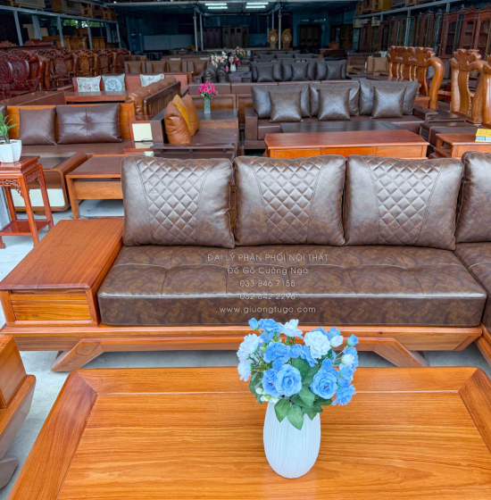 Sofa Gỗ Gõ Đỏ Góc L 2m8x2m1 Chân Thuyền Nệm Cao Su Cao Cấp