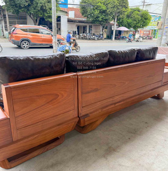 Sofa Gỗ Gõ Đỏ Góc L 2m8x2m1 Chân Thuyền Nệm Cao Su Cao Cấp
