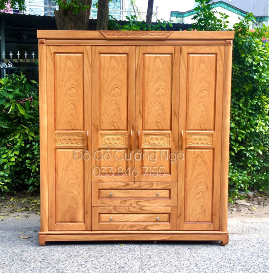 Tủ áo gỗ gõ đỏ 4 cánh - mẫu đồng tiền
