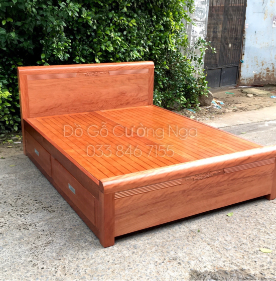Giường gỗ xoan đào vạt phản - 2 ngăn kéo hiện đại 