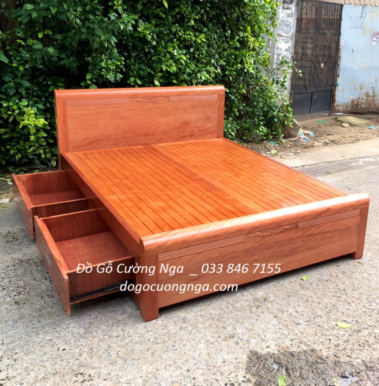 Giường gỗ xoan đào vạt phản - 2 ngăn kéo hiện đại 