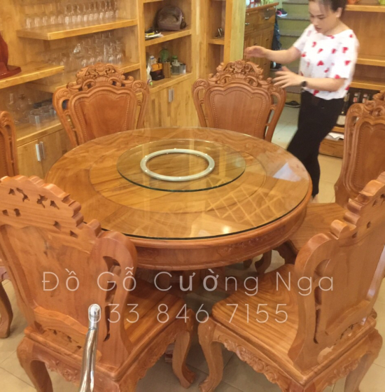 Bộ bàn ăn tròn gỗ gõ đỏ 6 ghế cao cấp - mẫu lu y 
