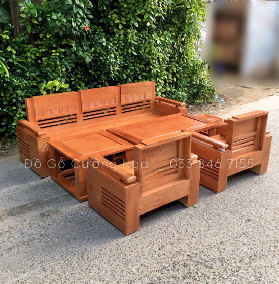 Bộ Bàn Ghế Sofa Gỗ Sồi Nga - Đối Trứng 7 Món Màu Xoan 
