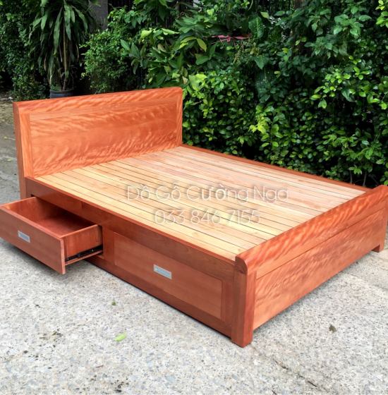 Giường ô kéo gỗ xoan đào vạt lan hiện đại - mẫu chỉ hoa 
