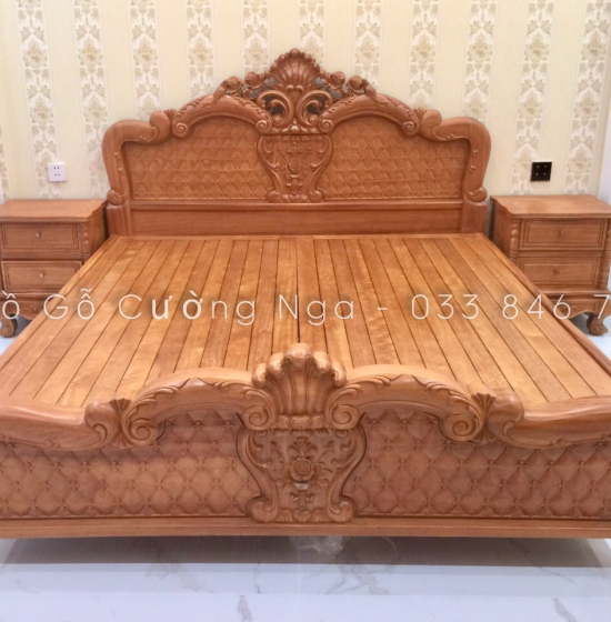 Giường gỗ gõ đỏ mẫu hoa hồng hiện đại 
