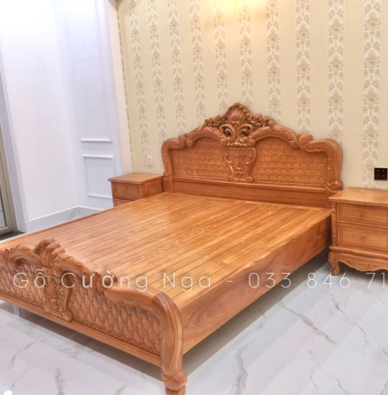 Giường gỗ gõ đỏ mẫu hoa hồng hiện đại 