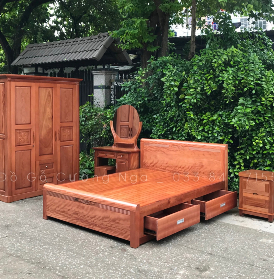 Giường gỗ xoan đào vạt phản - 2 ngăn kéo hiện đại 