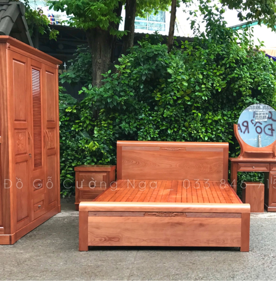 Giường gỗ xoan đào vạt phản - chỉ hoa 