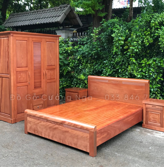 Giường gỗ xoan đào vạt phản - chỉ hoa 