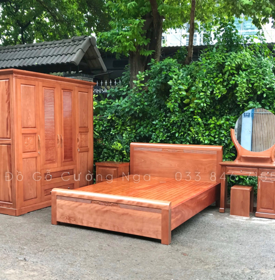 Giường gỗ xoan đào vạt phản - chỉ hoa 