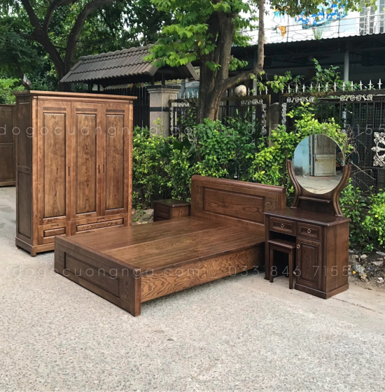 Giường gỗ Sồi Nga lau màu óc chó hiện đại - vạt phản 