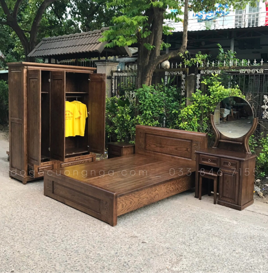 Giường gỗ Sồi Nga lau màu óc chó hiện đại - vạt phản 