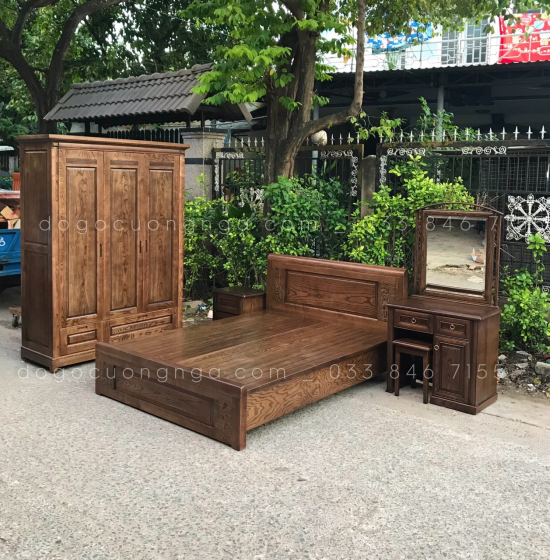 Giường gỗ Sồi Nga lau màu óc chó hiện đại - vạt phản 