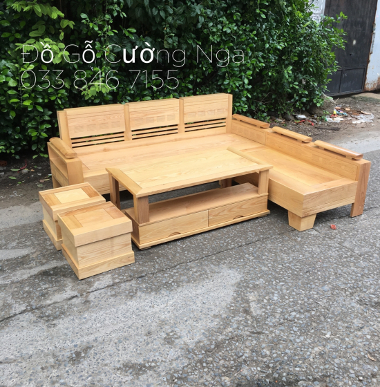 Bàn Ghế Sofa Gỗ Sồi Nga 2mx1m8 Góc L Tay Trứng - Màu Tự Nhiên 