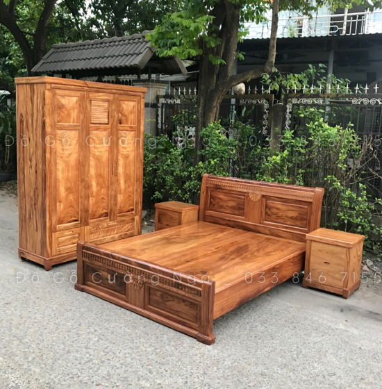 Giường gỗ hương xám vạt phản liền - mẫu quạt 