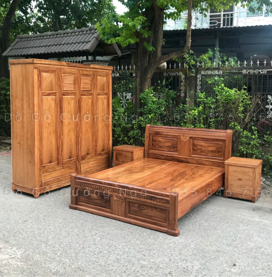 Giường gỗ hương xám vạt phản liền - mẫu quạt 