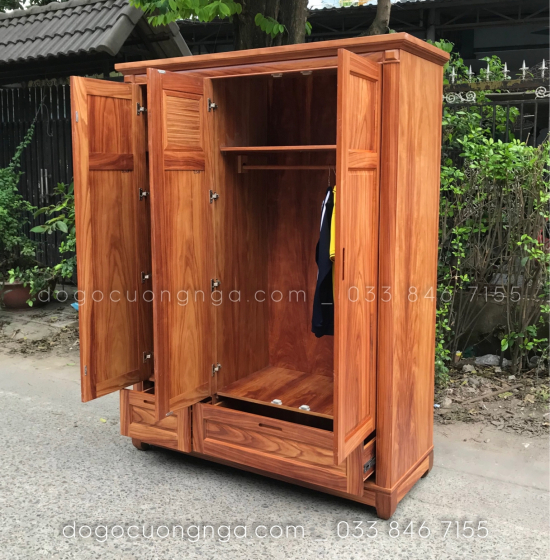 Tủ quần áo gỗ cẩm tự nhiên 3 cánh - 1m6 mẫu chóp hiện đại