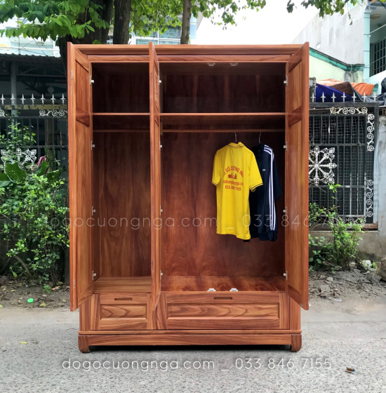 Tủ quần áo gỗ cẩm tự nhiên 3 cánh - 1m6 mẫu chóp hiện đại