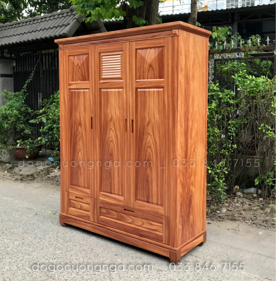 Tủ quần áo gỗ cẩm tự nhiên 3 cánh - 1m6 mẫu chóp hiện đại