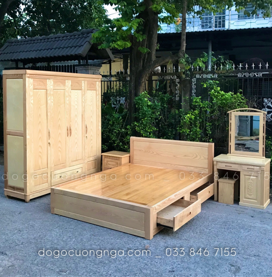 Giường gỗ sồi nga 2 ngăn kéo mẫu trơn - vạt phản 
