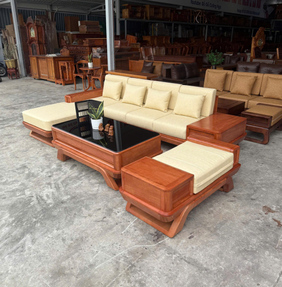 Sofa Gỗ Đinh Hương Góc L Hiện Đại 2m9x1m8 Kèm Nệm Cao Su