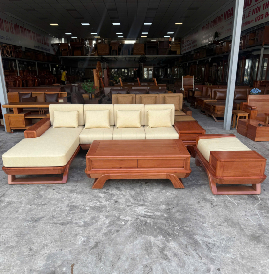 Sofa Gỗ Đinh Hương Góc L Hiện Đại 2m9x1m8 Kèm Nệm Cao Su