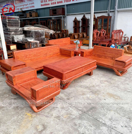 Sofa Gỗ Hương Đá 2 Văng Cao Cấp Kèm Nệm Vế Trái 