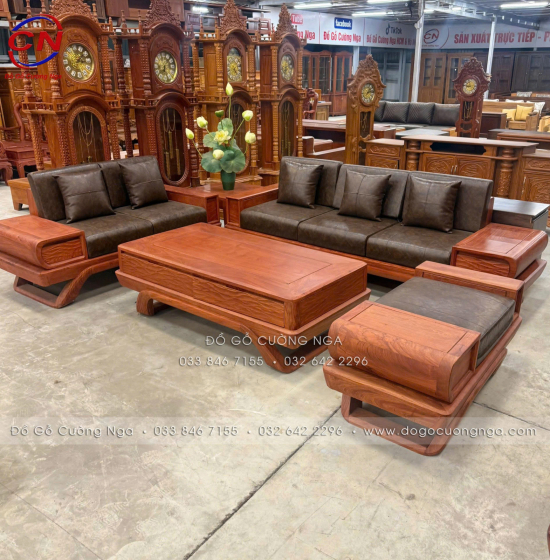 Sofa Gỗ Hương Đá 2 Văng Cao Cấp Kèm Nệm Vế Trái 