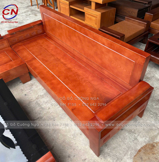 Bộ Sofa Gỗ Sồi Nga Góc L 2mx1m8 - Tay Trứng Kèm Nệm 