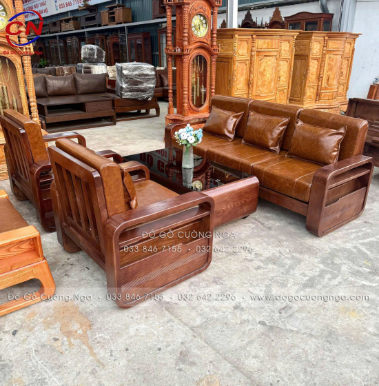 Sofa Đối Xứng Gỗ Sồi Nga Lau Màu Óc Chó Tay Vòng Kèm Nệm Cao Cấp