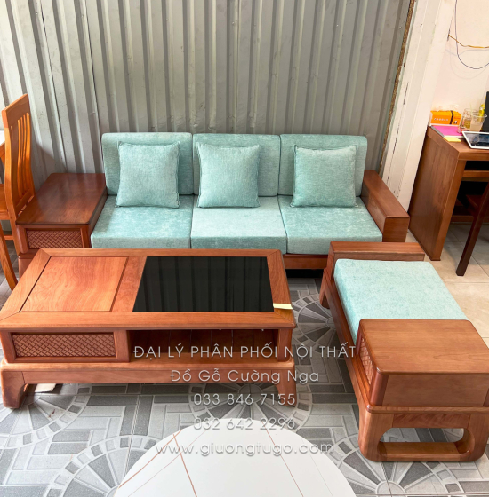 Sofa Gỗ Xoan Đào 1 Văng 3 Chi Tiết (Tặng Kính Bàn)