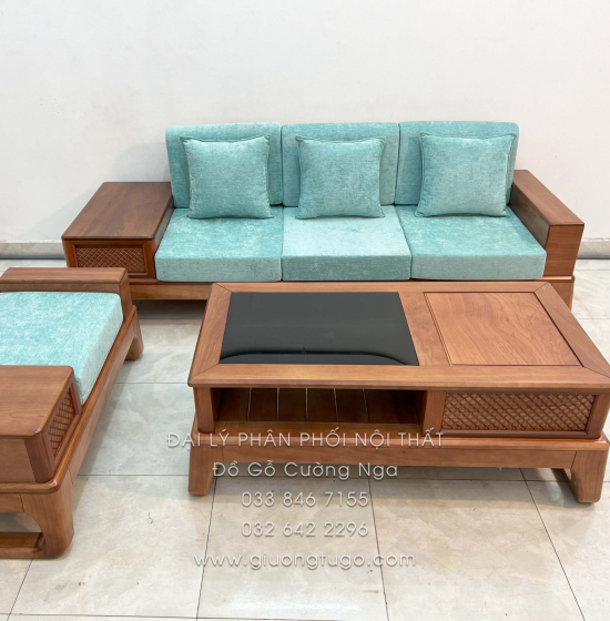 Sofa Gỗ Xoan Đào 1 Văng 3 Chi Tiết (Tặng Kính Bàn)