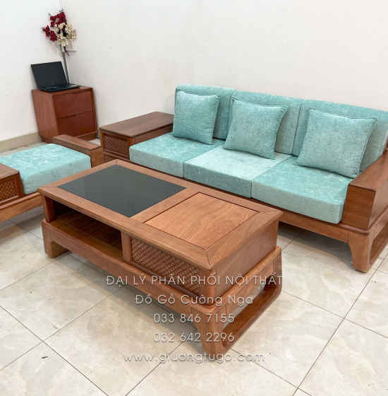 Sofa Gỗ Xoan Đào 1 Văng 3 Chi Tiết (Tặng Kính Bàn)