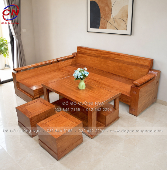 Sofa Góc L Gỗ Đinh Hương Đổi Chiều 2m1x1m6 Hiện Đại