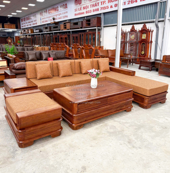 Sofa Gỗ Hương Vàng Góc L Chân Pháo Cao Cấp 3m2x2m15 Mẫu Nệm Da Sáng