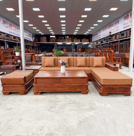 Sofa Gỗ Hương Vàng Góc L Chân Pháo Cao Cấp 3m2x2m15 Mẫu Nệm Da Sáng
