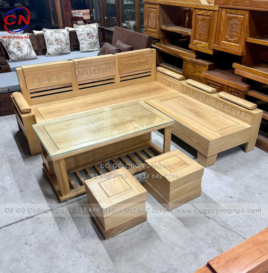 Bàn Ghế Sofa Gỗ Sồi Nga 2mx1m8 Góc L Tay Trứng - Màu Tự Nhiên 