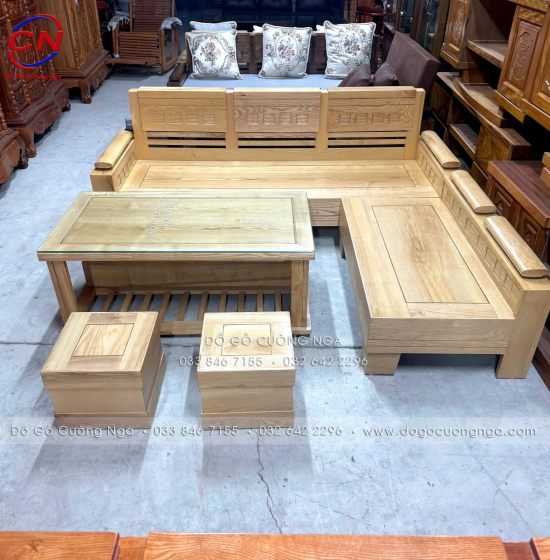 Bàn Ghế Sofa Gỗ Sồi Nga 2mx1m8 Góc L Tay Trứng - Màu Tự Nhiên 