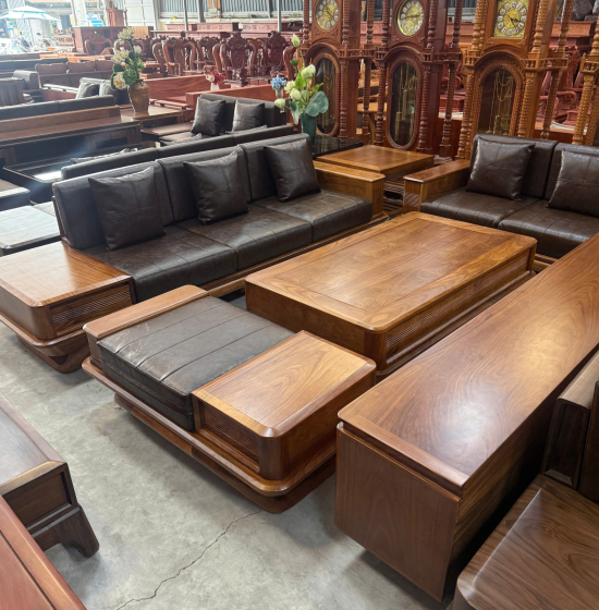 Bộ Sofa Gỗ Hương Vàng 2 Văng Chân Thuyền 3m45x2m75 Cao Cấp
