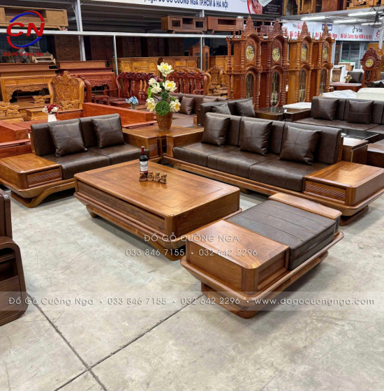 Bộ Sofa Gỗ Hương Vàng 2 Văng Chân Thuyền 3m45x2m75 Cao Cấp