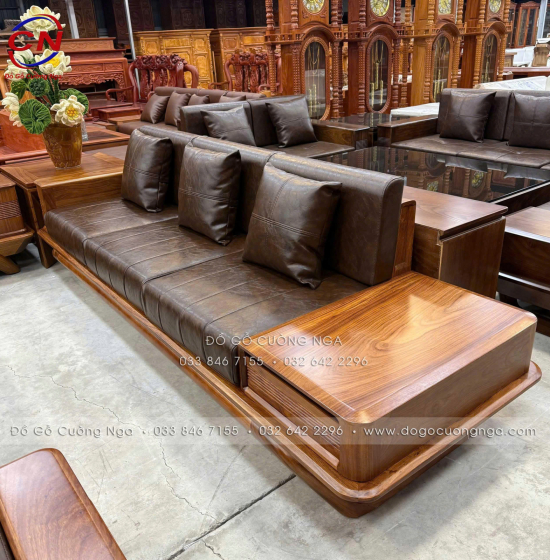 Bộ Sofa Gỗ Hương Vàng 2 Văng Chân Thuyền 3m45x2m75 Cao Cấp