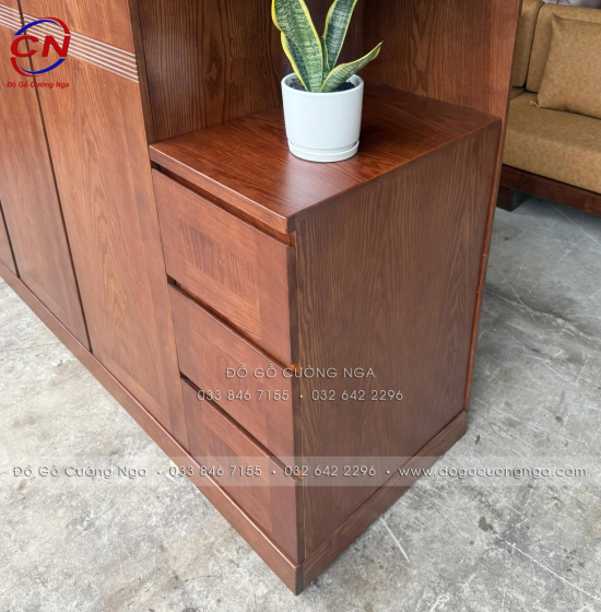 Tủ Áo Gỗ Sồi Nga 3 Cánh 2 Tầng Kèm Kệ Trang Trí Lau Màu Óc Chó Hiện Đại