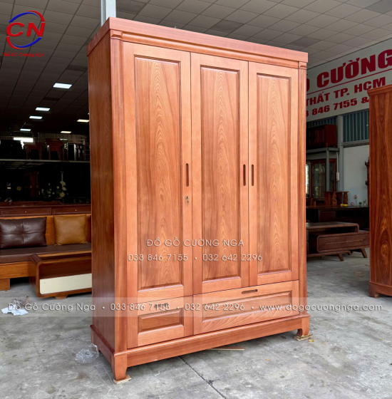 Tủ Quần Áo Gỗ Xoan Đào 3 Cánh Trơn Thiết Kế 2 Buồng 