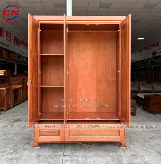Tủ Quần Áo Gỗ Xoan Đào 3 Cánh Trơn Thiết Kế 2 Buồng 