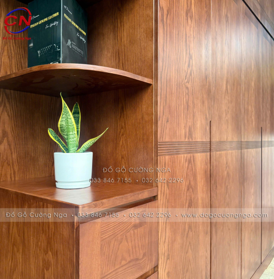 Tủ Áo Gỗ Sồi Nga Lau Màu Óc Chó 4 Cánh 2 Tầng Kèm Kệ Trang Trí Sang Trọng