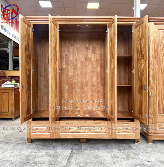 Tủ Quần Áo Gỗ Hương Xám 4 Cánh Mẫu Trơn 1m92